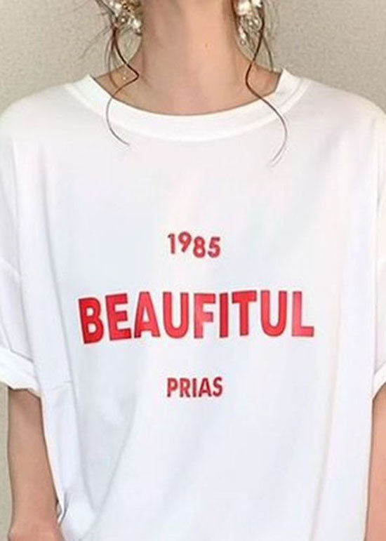 White O Neck Letter Print Cotton T Shirt Summer