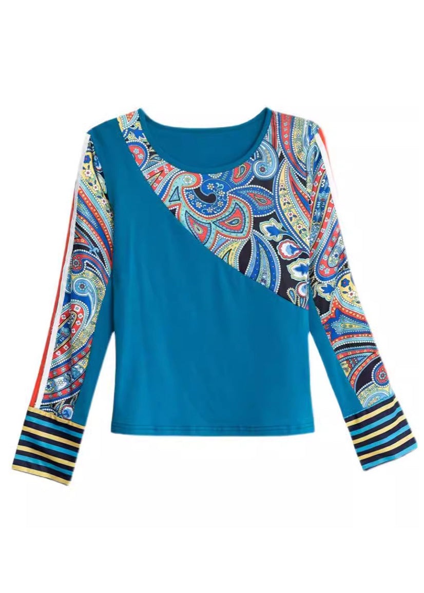 Blue O Neck Print Patchwork Cotton Tops Spring
