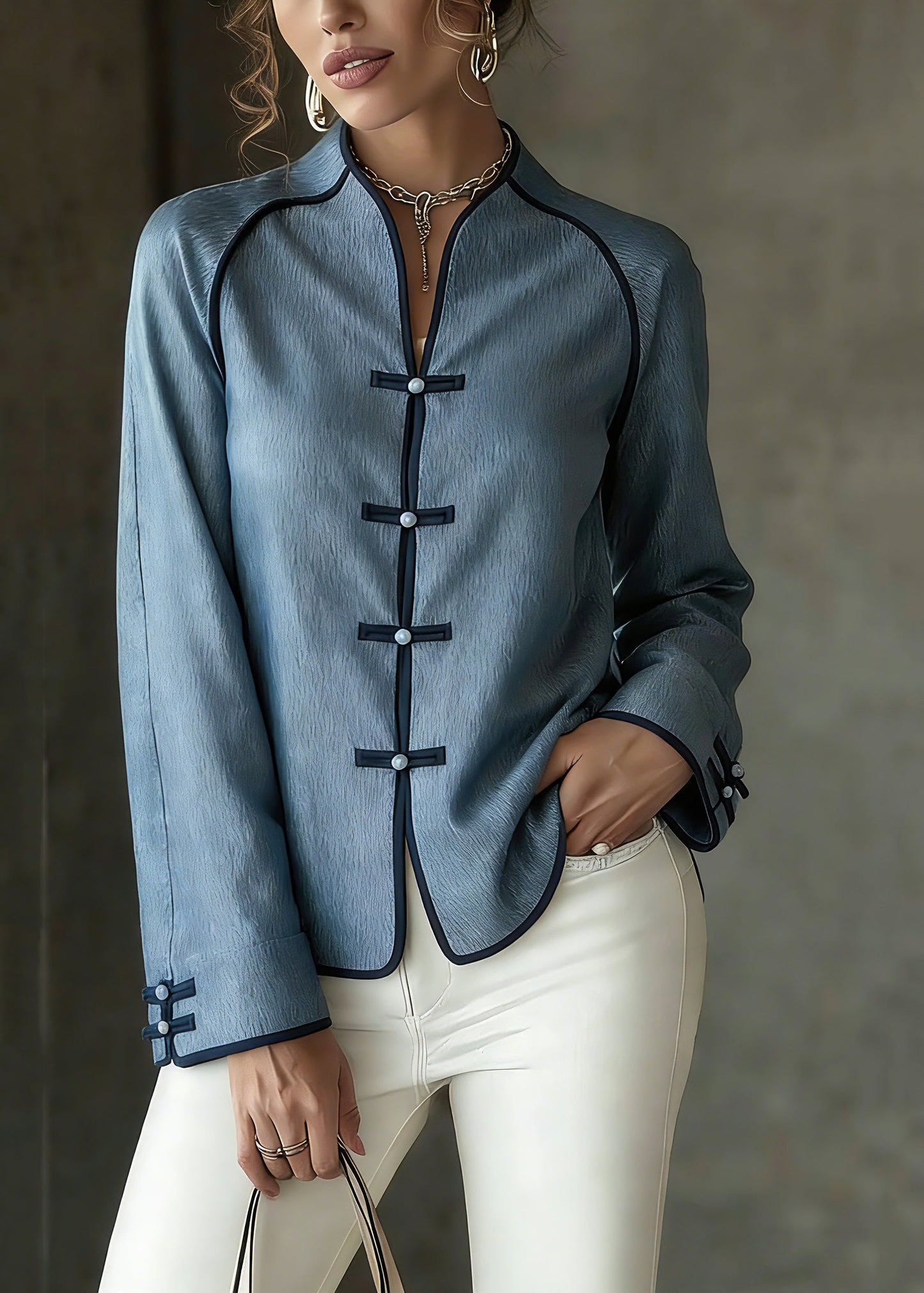 French Blue V Neck Button Shirts Spring