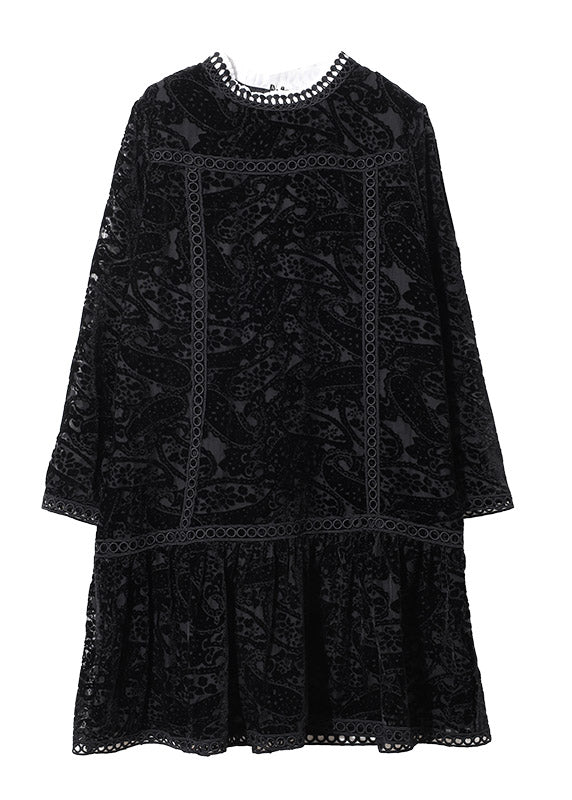 Black O-neck Crochet Velour Pleated Dresses Long Sleeve
