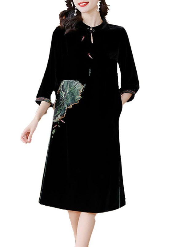 Black O-neckpockets Button Silk Velour Long Dresses Bracelet Sleeve