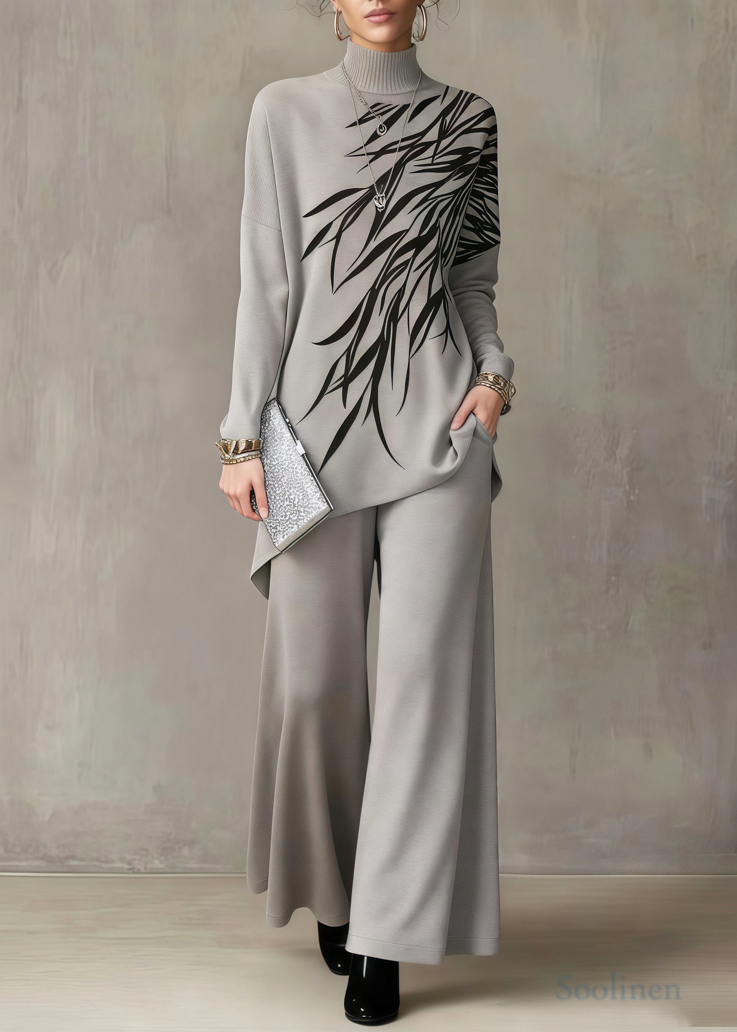 Khaki Print Knit Two Piece Suit Set Asymmetrical Stand Collar Spring