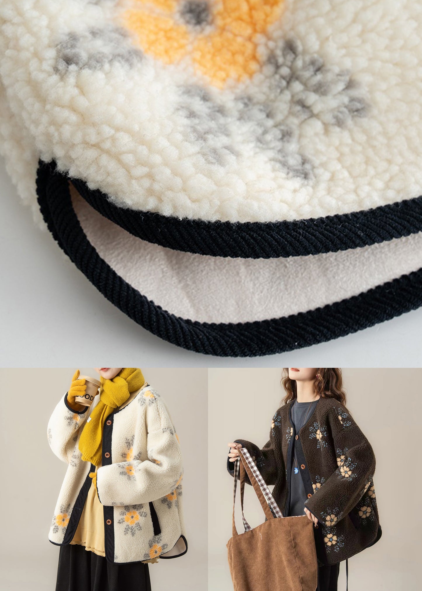 Jacquard Coffee Button Fluffy Coat and Grey Ruffled T Shirt Two Piece Set Winter