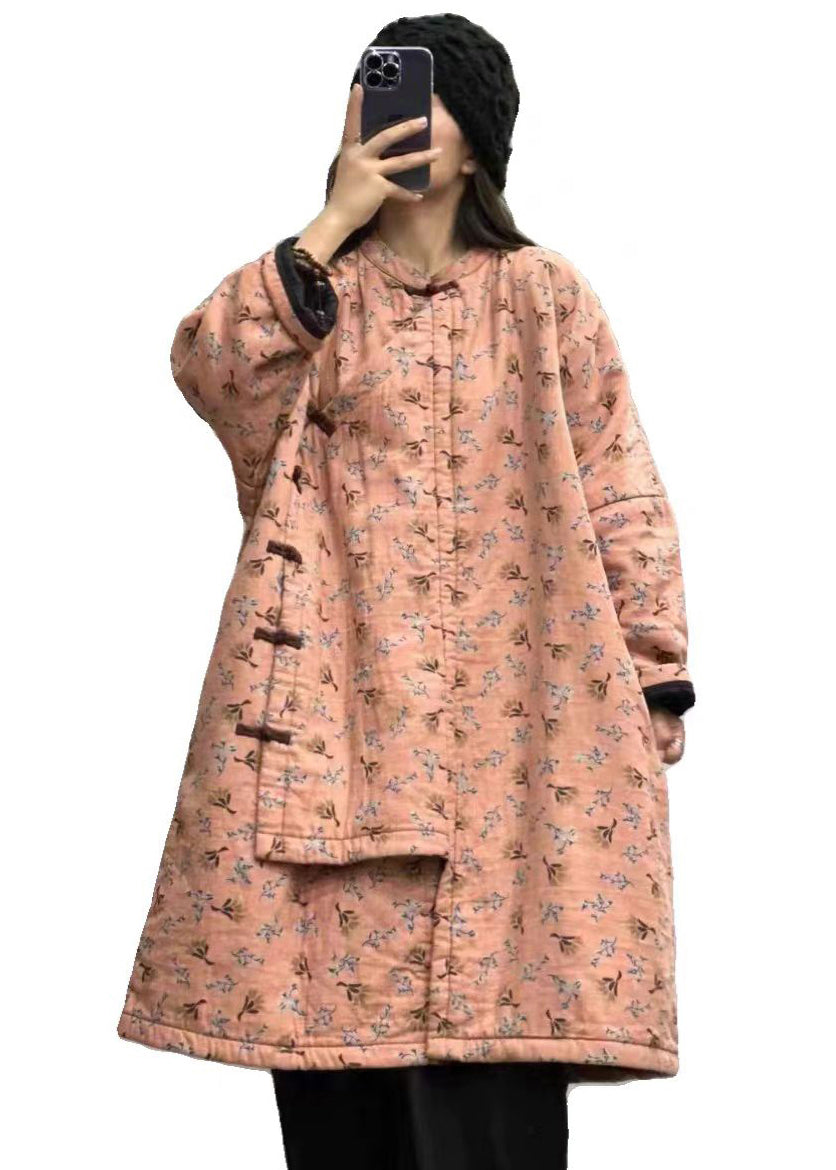 Orange Stand Collar Print Chinese Button Fine Cotton Filled Coats Winter
