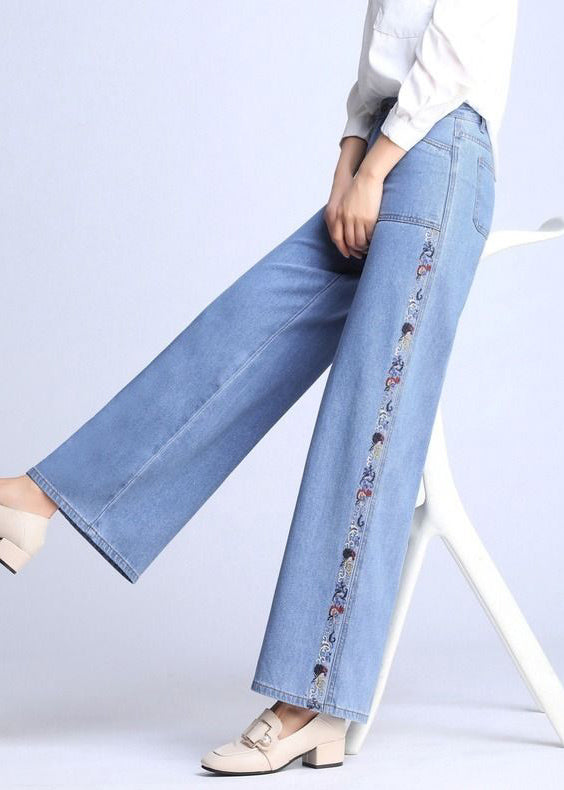 Natural Light Blue Embroideried Pockets Draping Cotton Straight Pants Spring