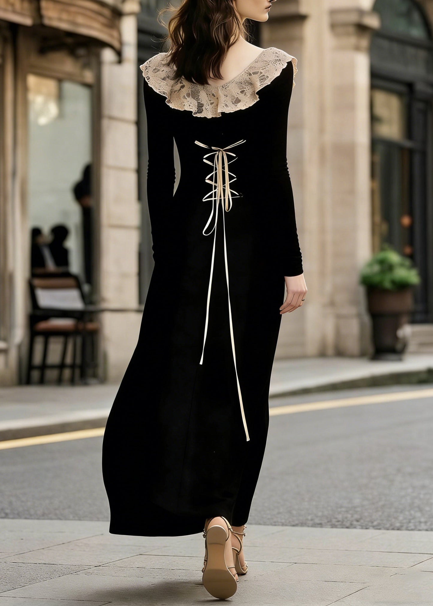 French Black Lace Patchwork Wear on Both Sides Cotton Maxi Dress Lace Up Spring