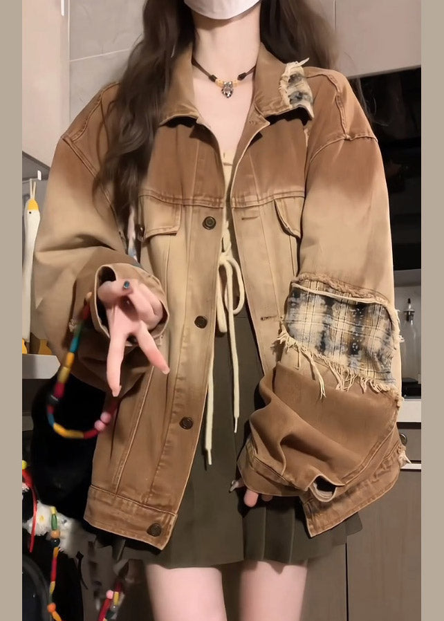 Khaki Peter Pan Collar Pockets Patchwork Patch Denim Coat Lantern Sleeve