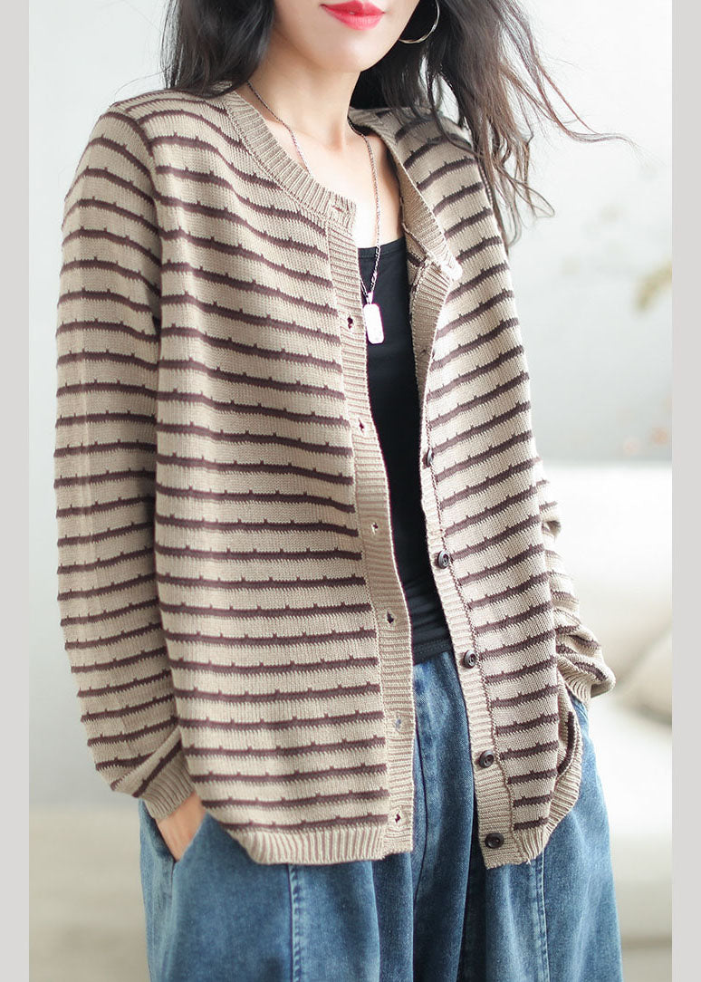 Black O-neck Striped Patchwork Button Cozy Cotton Knit Sweaters Coats Fall