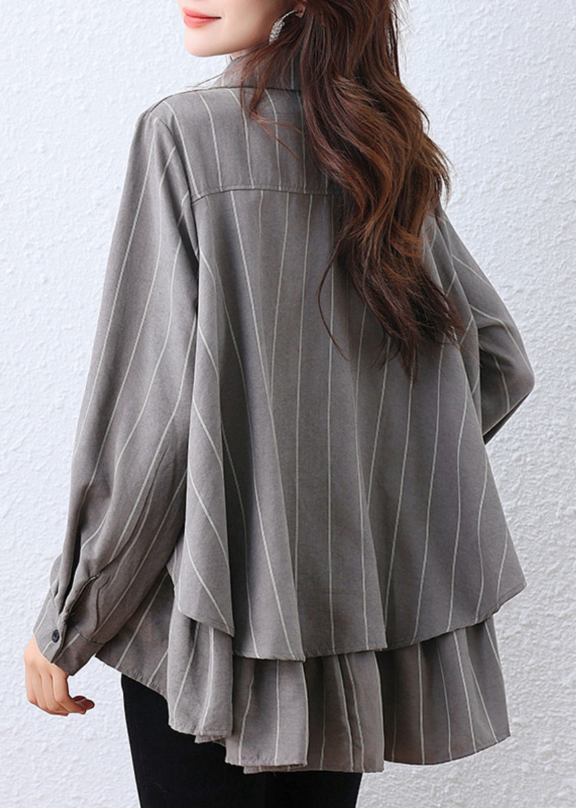 Grey Oversized Striped Cotton Shirt Tops Fall