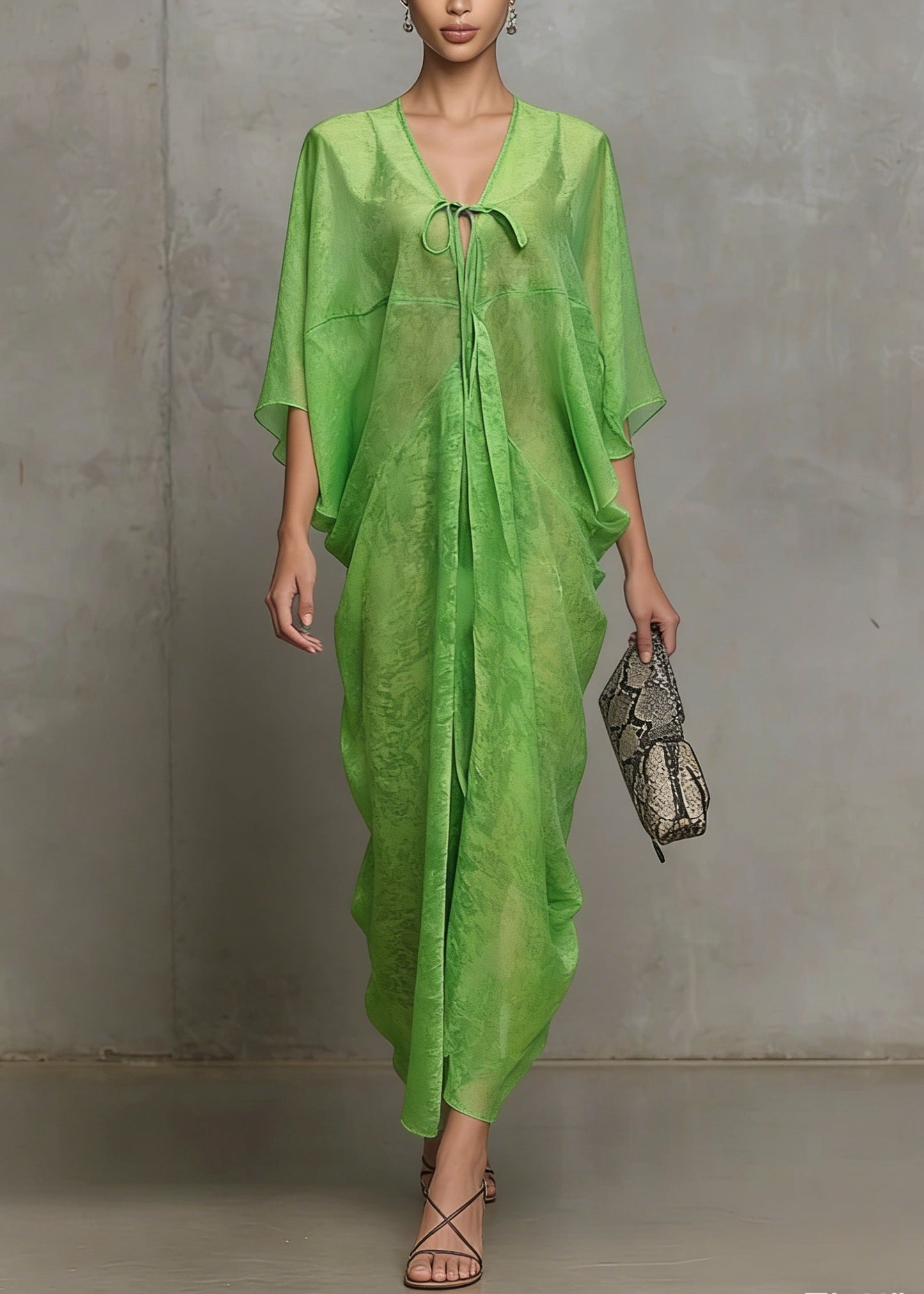 Green Lace Up Chiffon Vacation Dress Summer