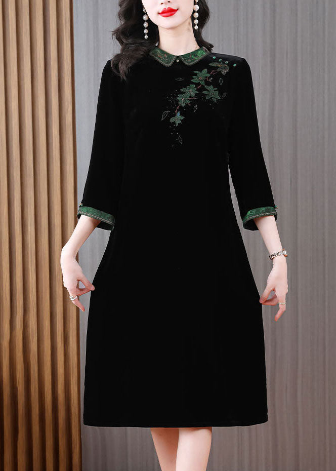 Green Peter Pan Collar Embroideried Silk Velour Long Dress Long Sleeve
