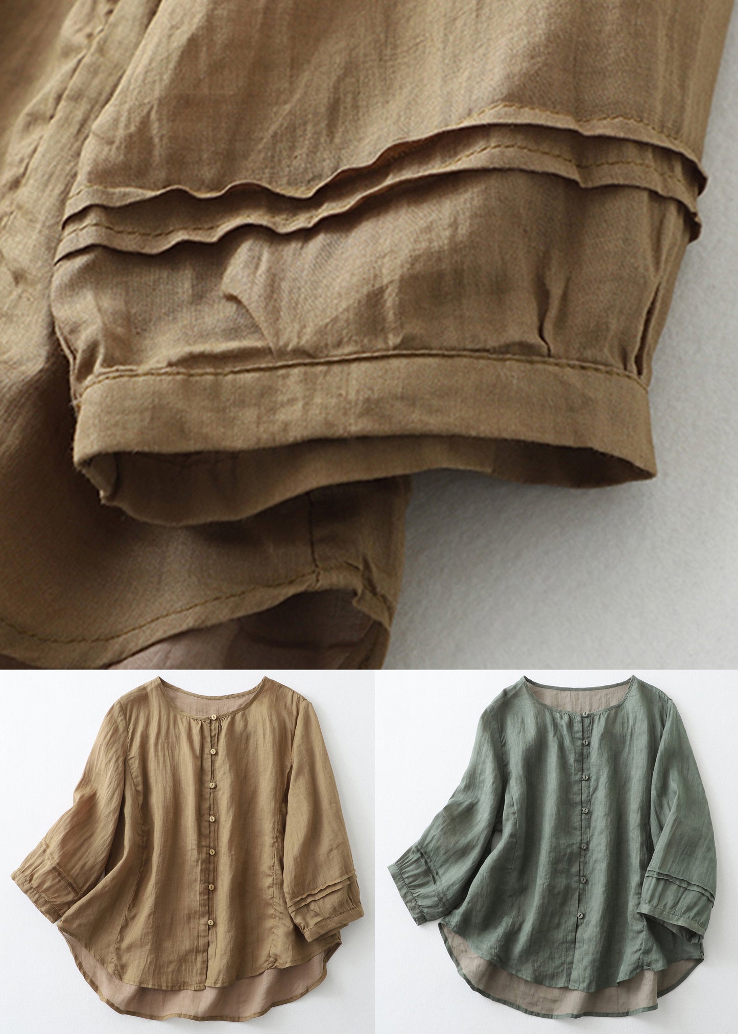Green Patchwork Cotton Shirts O Neck Bracelet Sleeve