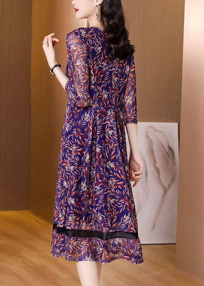 Purple V Neck Wrinkled Tulle Patchwork Print Chiffon Dresses Half Sleeve