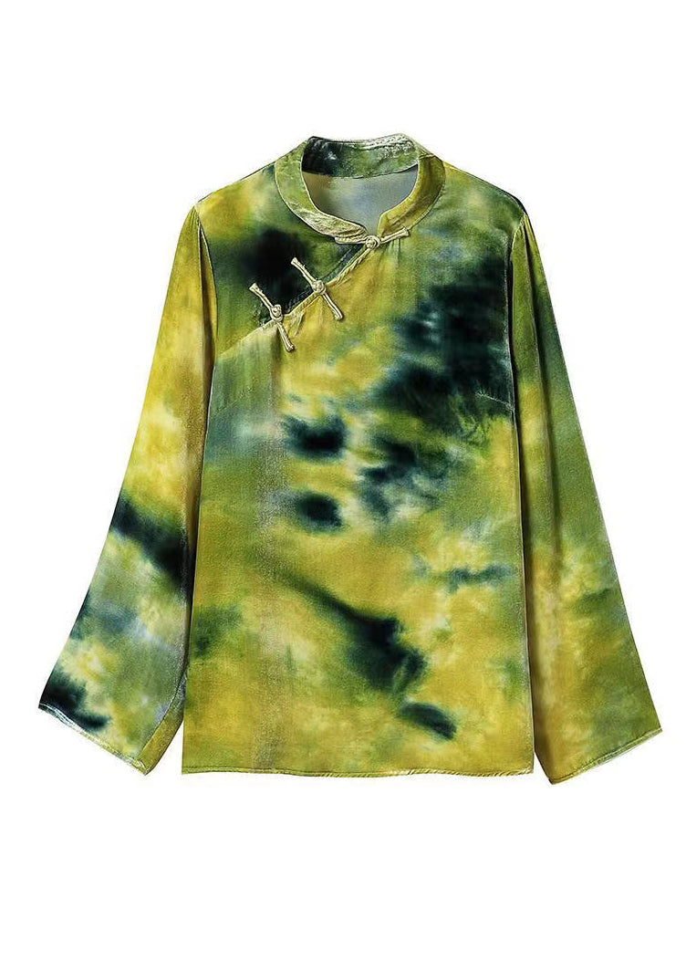 Green Button Mandarin Collar Velour Top Long Sleeve