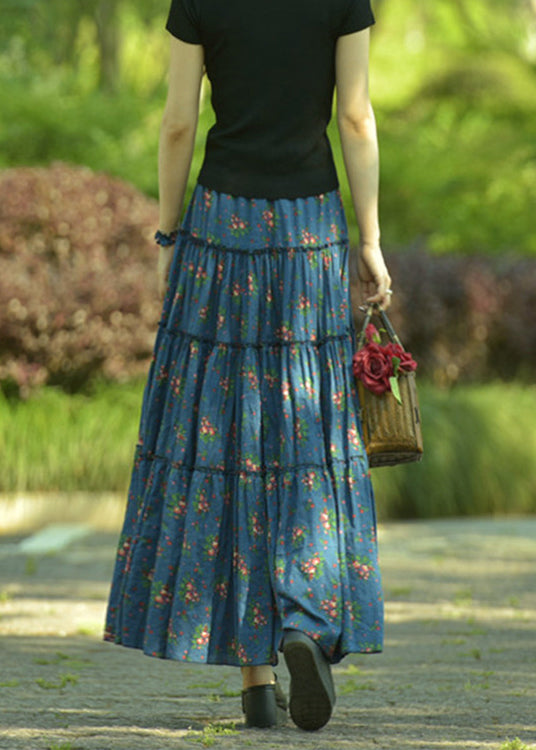 Blue Ruffled Print Exra Large Hem Cotton Skirt Spring