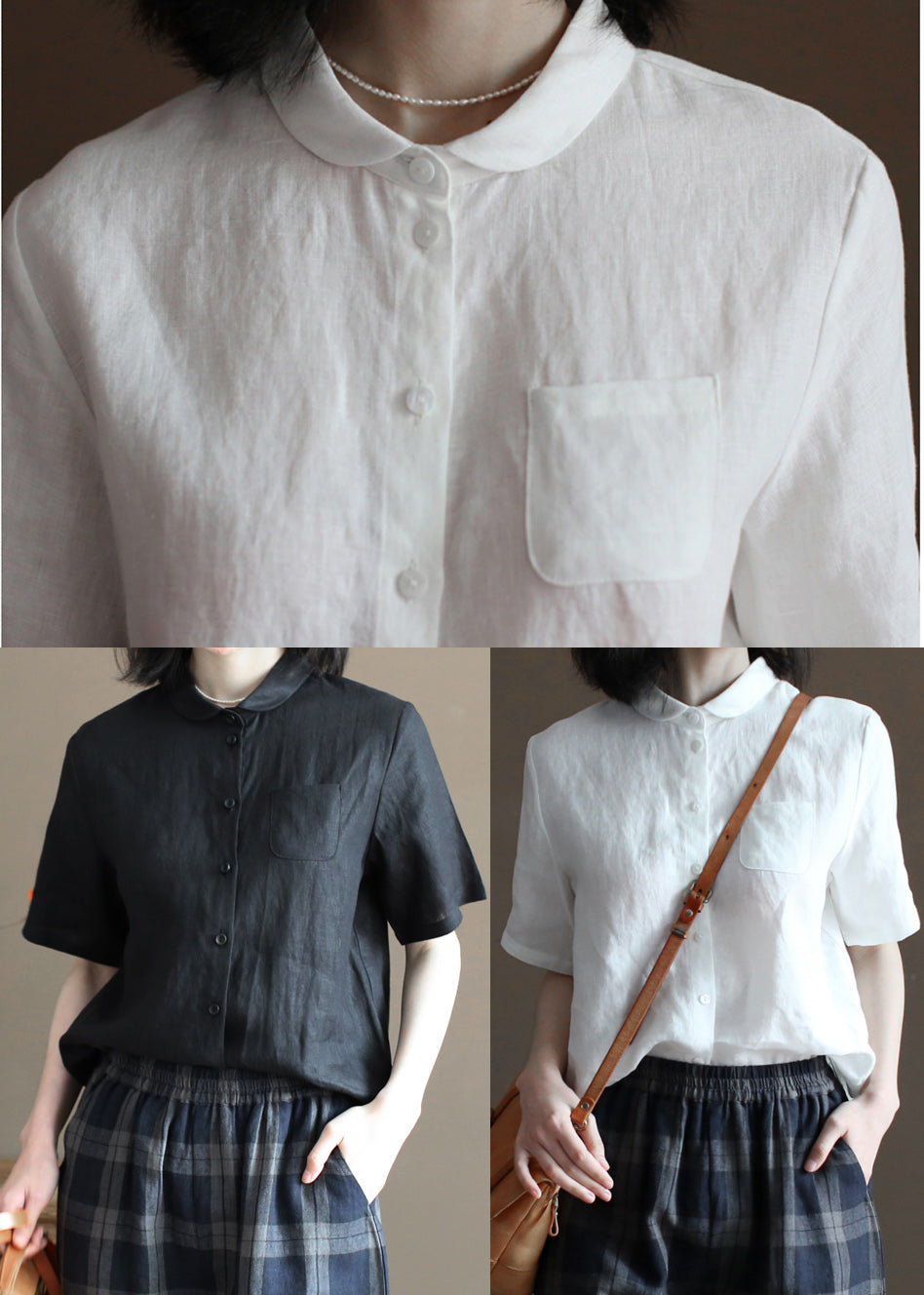 Black Pocket Linen Loose Shirt Tops Peter Pan Collar Half Sleeve