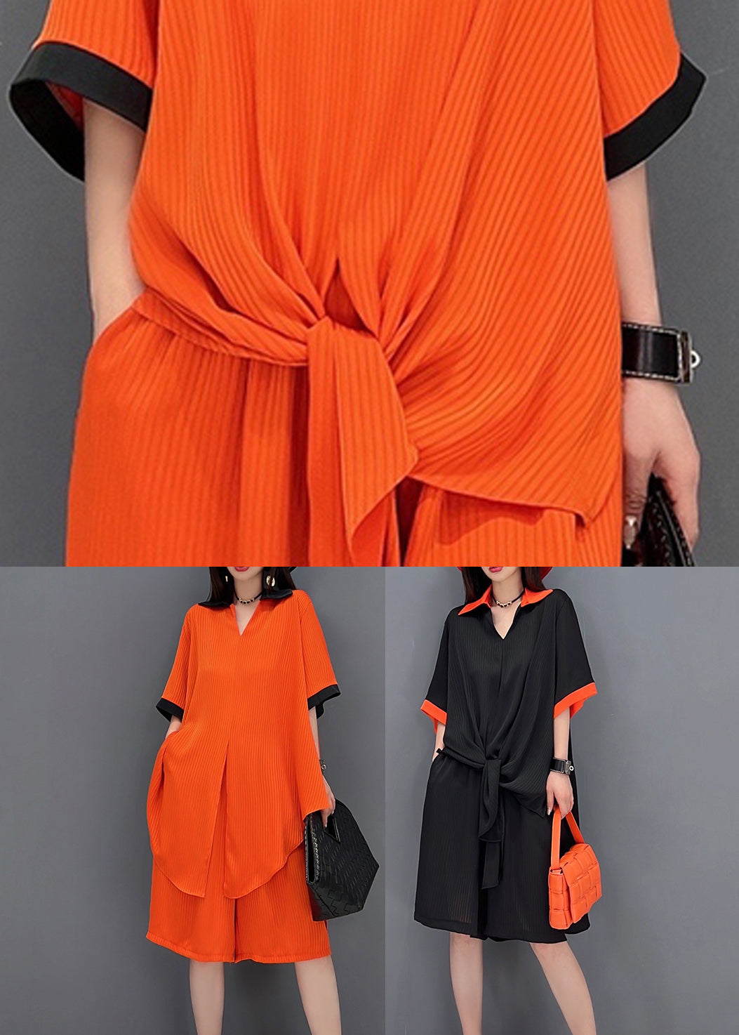 Black Peter Pan Collar Patchwork Chiffon Long Shirt and Shorts Two Pieces Set Summer