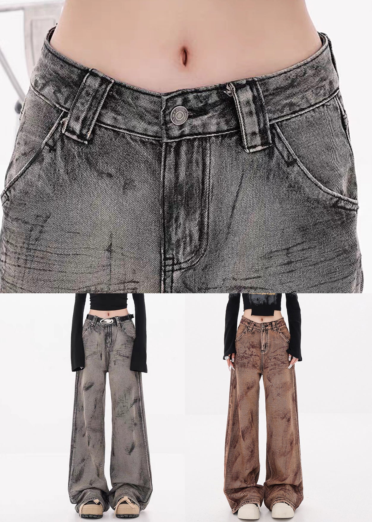 Grey Pockets High Waist Denim Fall Wide Leg Pants Tie Dye