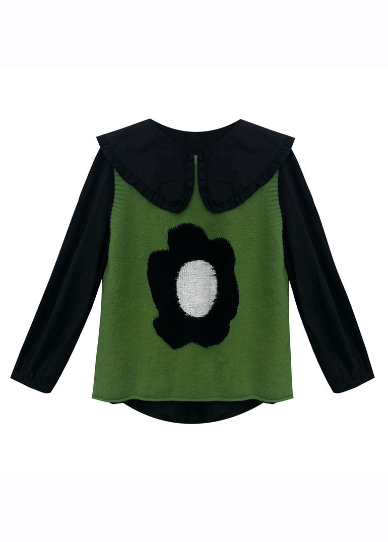 Green Cotton Knit Waistcoat Black Shirts and Pleated Skirt Three Pieces Set Long Sleeve