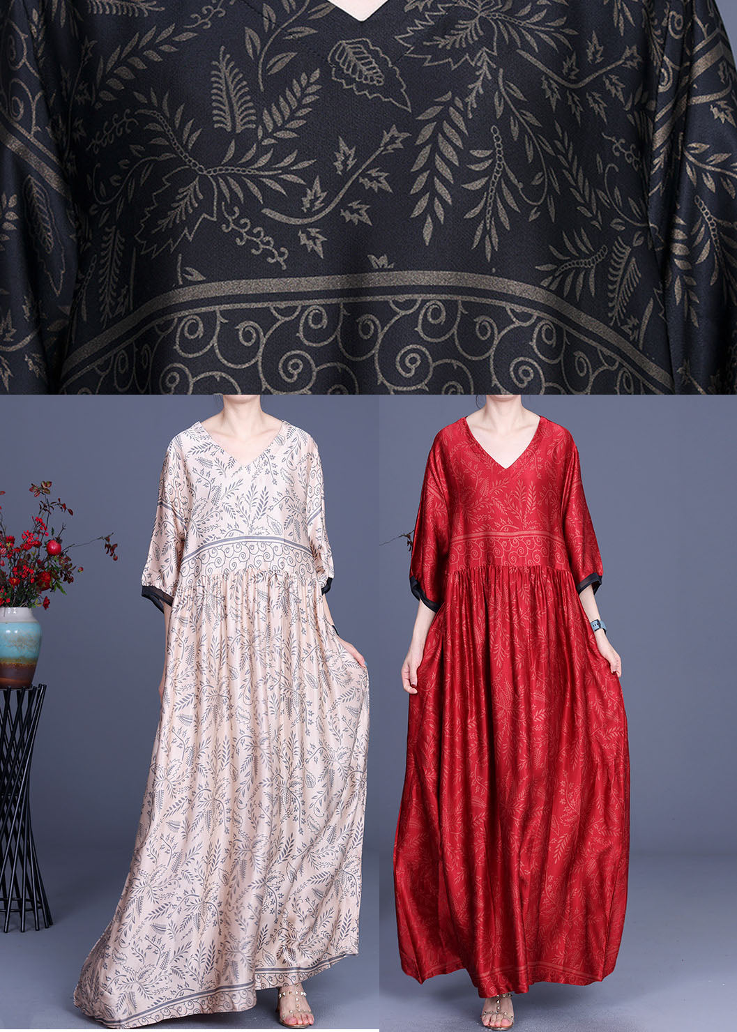 Style Black Print Silk Party Long Dresses Spring