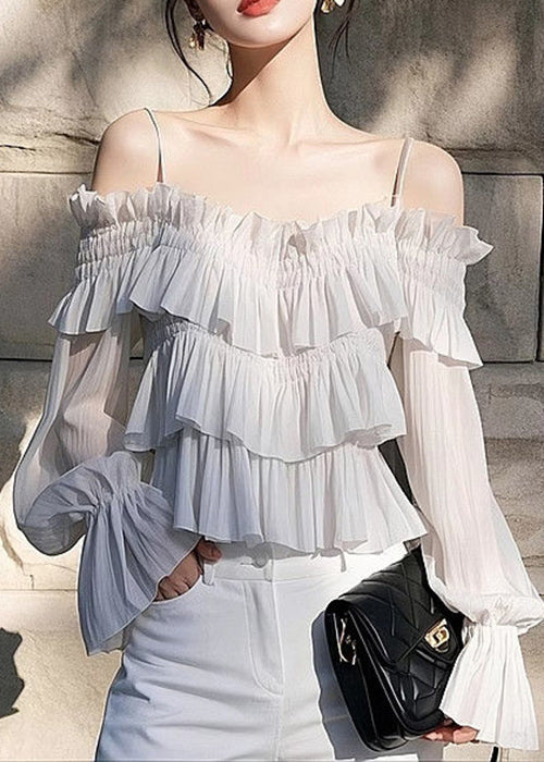 Light Grey Ruffled Chiffon Spaghetti Strap Blouse Flare Sleeve