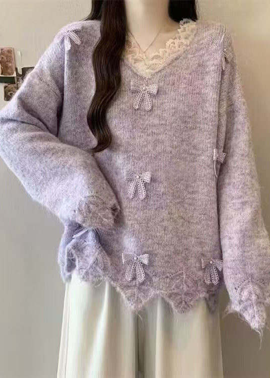 Purple V Neck Lace Bow Knit Sweater Tops Winter