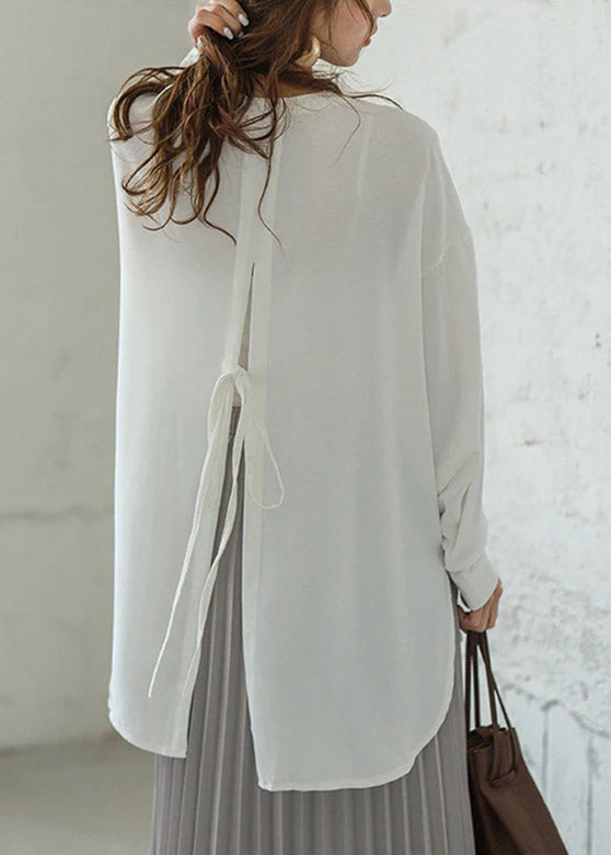 White Stand Collar Button Side Open Low High Design Shirt Long Sleeve