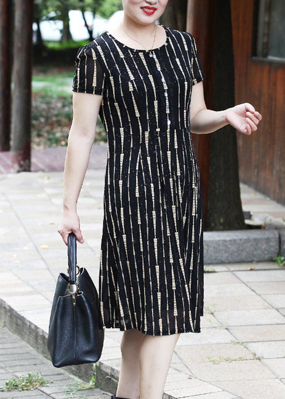 Yellow O-neck Striped Long Dress Short Sleeve