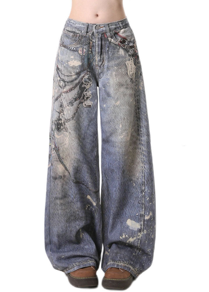 Blue Pockets Chain Print Denim Straight Pants Spring