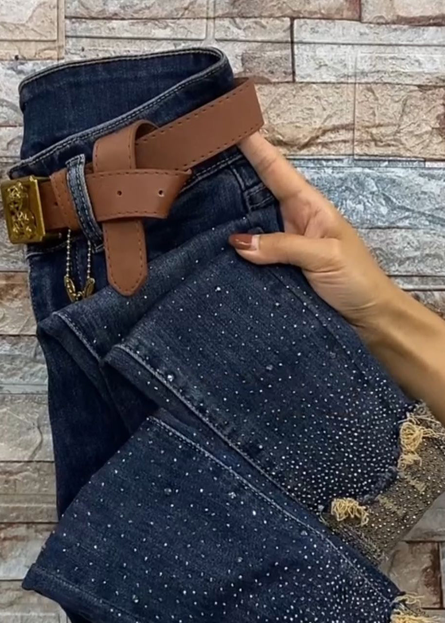 Blue Pockets Zircon Patchwork Denim Crop Pants Fall