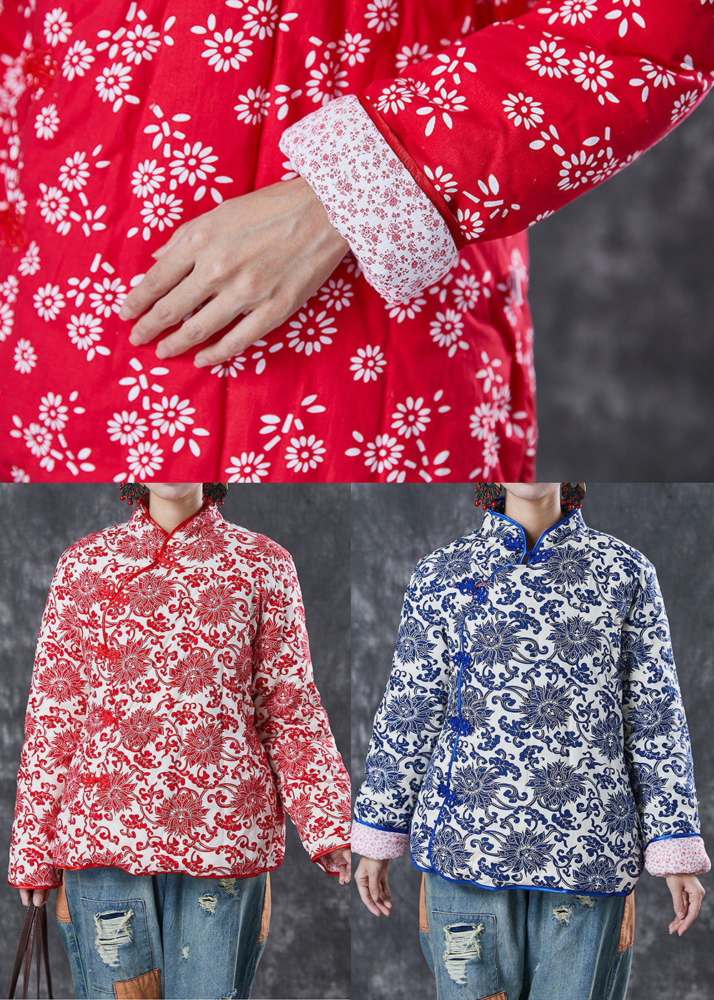 Red Print Fine Cotton Filled Chinese Style Jacket Chinese Button Winter