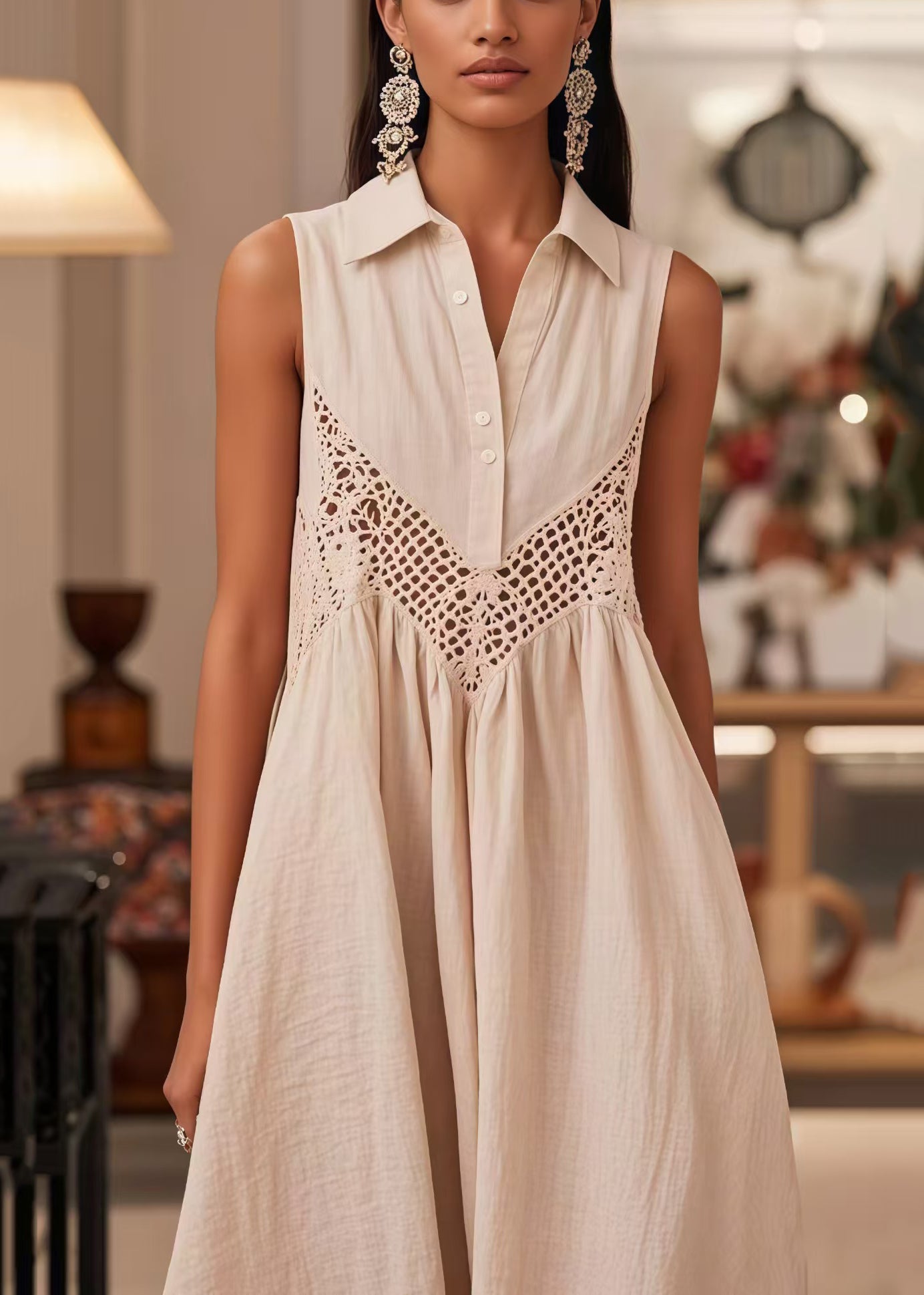 Modern White Peter Pan Collar Patchwork Cotton Lace Dresses Sleeveless Summer
