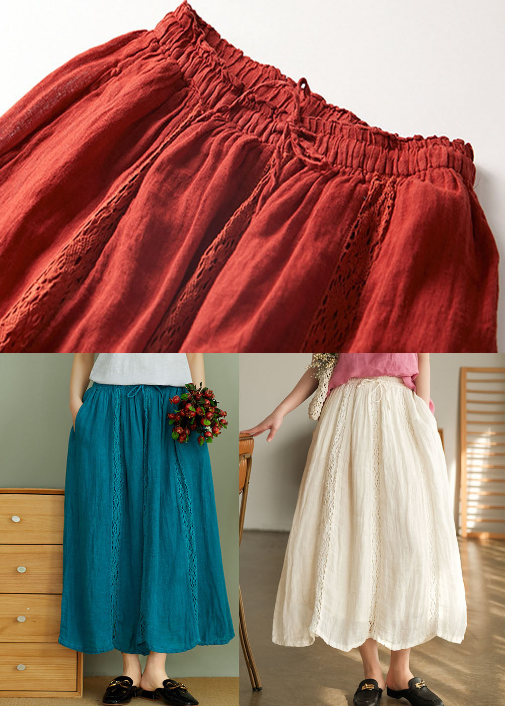Art Peacock Blue Elastic Waist Linen Skirts Spring