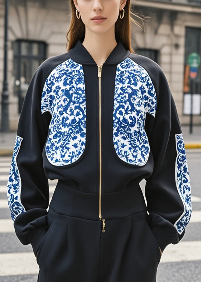 Stylish Black Stand Collar Print Cotton Sweatshirt Jacket Spring