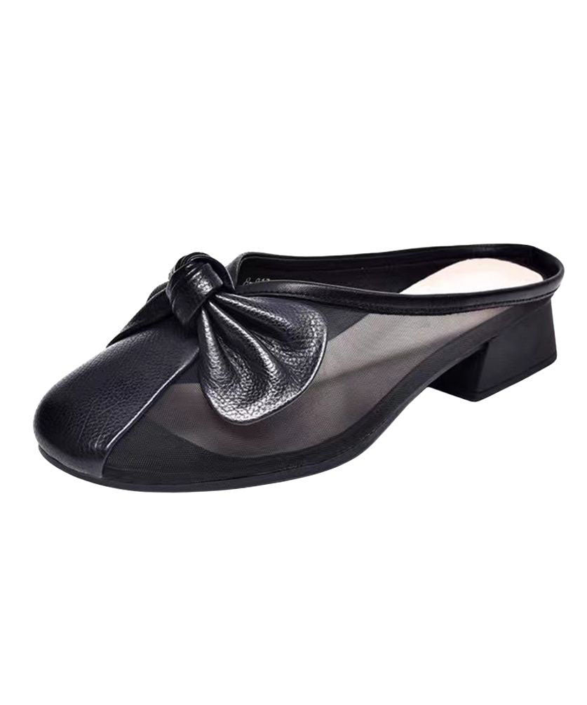 Yellow Slide Sandals Chunky Faux Leather Tulle Splicing Bow
