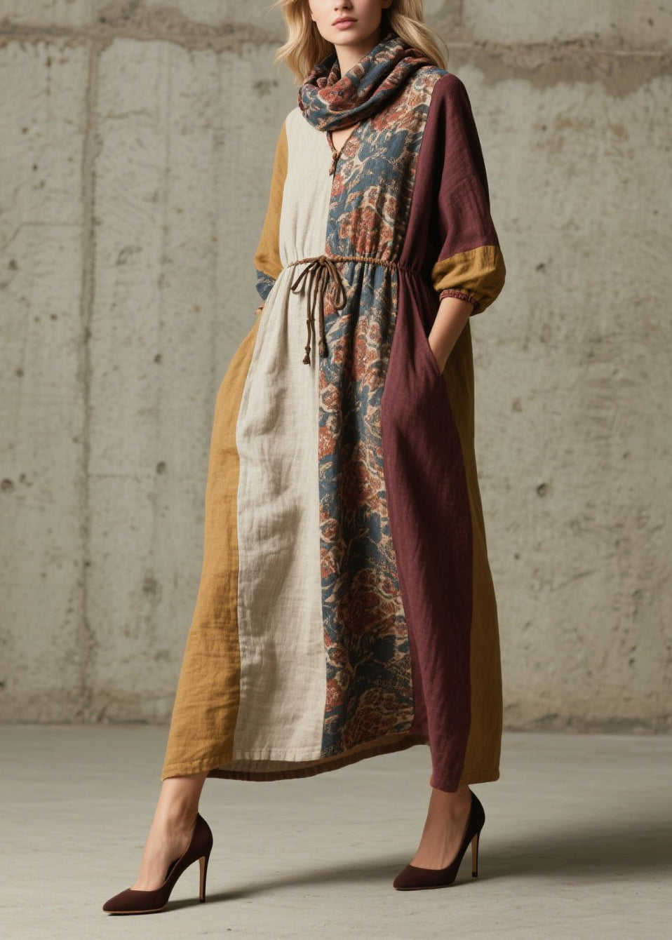 Colorblock V Neck Print Lace Up Cotton Dresses Fall