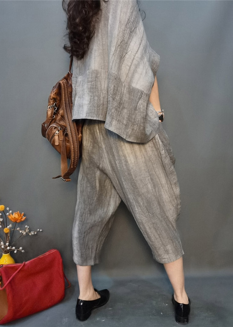 Vogue Grey O-neck Wrinkled Linen Top and Harm Pants Two Pieces Set Batwing Sleeve