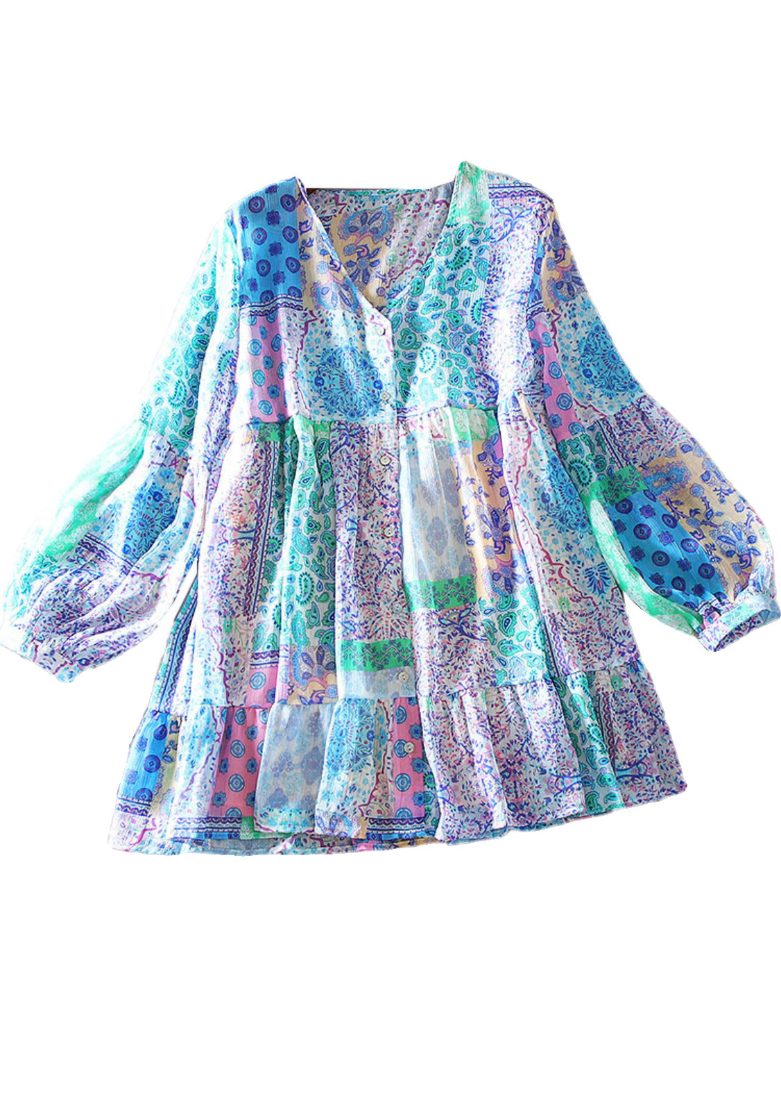 Blue Oversized Print Cotton Shirt Tops Spring