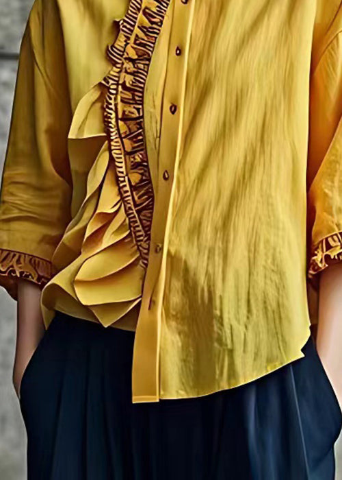 Yellow Ruffled Button Linen Shirt Butterfly Sleeve