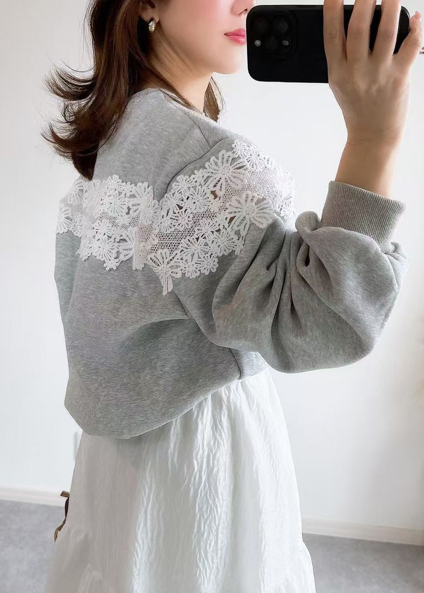 Grey O Neck Lace Patchwork Cotton Sweatshirts Fall