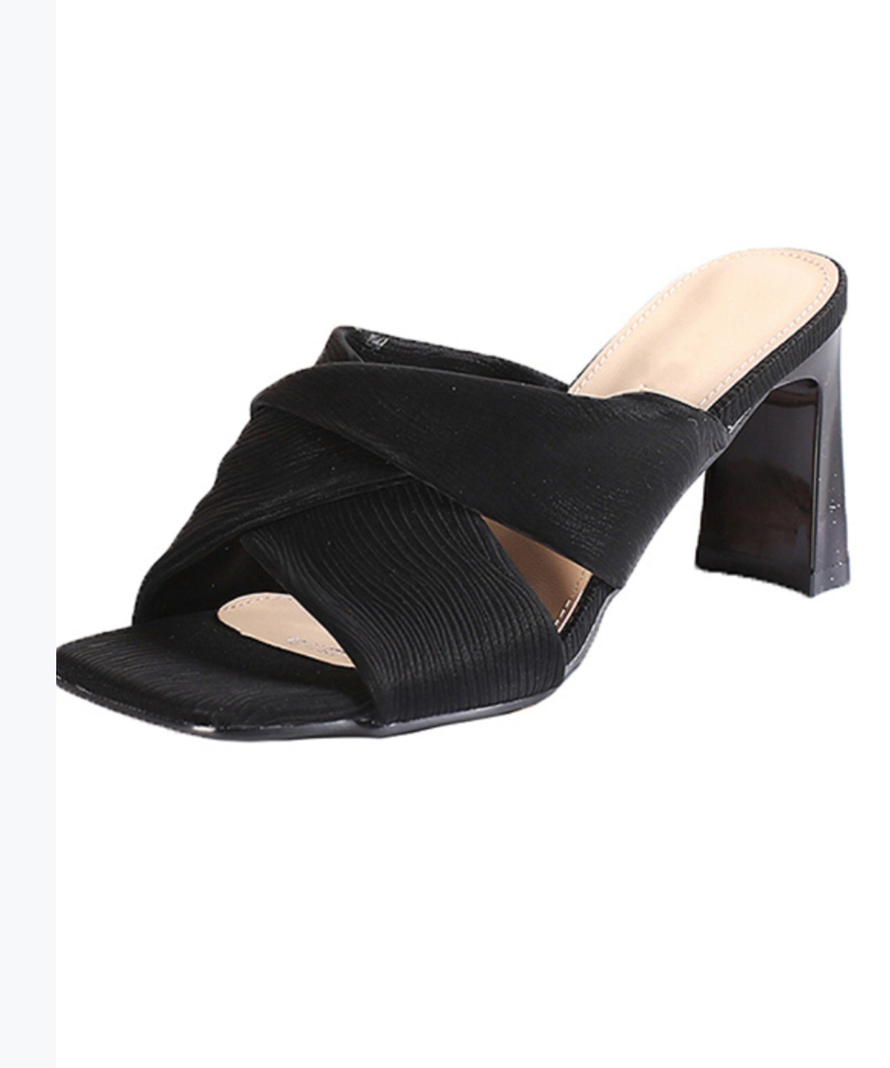 Chunky Heel Black Slide Sandals Peep Toe