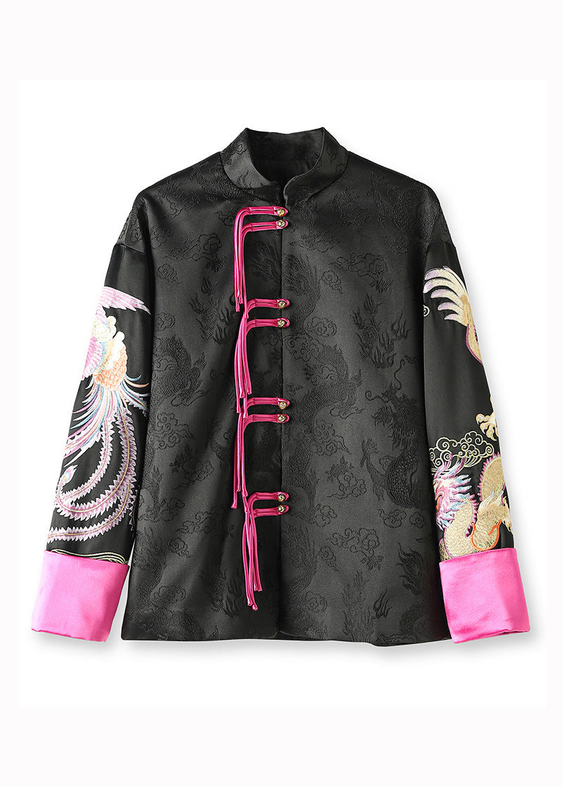 Chinese Style Black Stand Collar Tasseled Print Silk Coat Fall