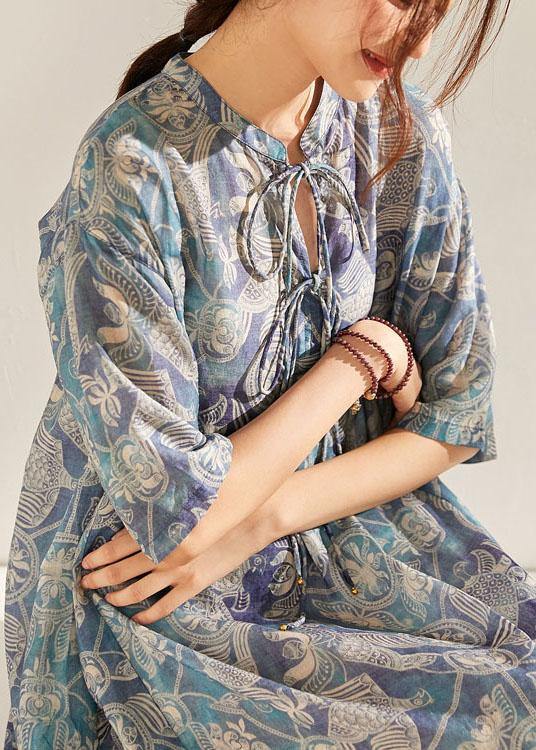Blue Print O-neck Tie Print Ramie Summer Holiday Dress