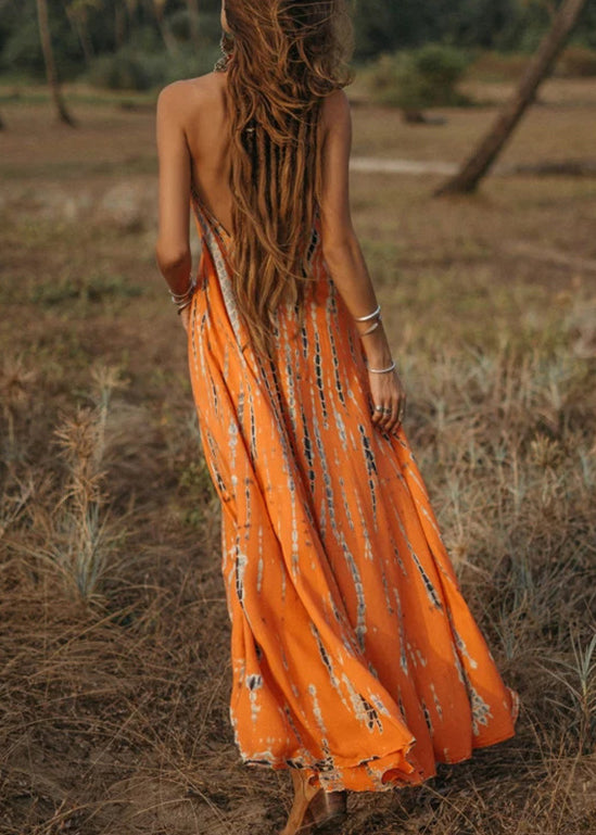 Orange V Neck Print Cotton Long Dress Sleeveless