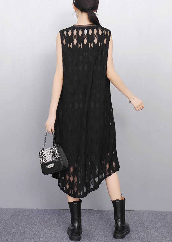 Black O Neck Hollow Out Tulle Long Dresses Sleeveless