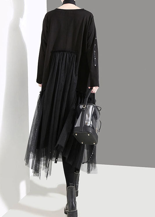 French Black O-neck Asymmetrical Tulle Patchwork Long Dresses Spring