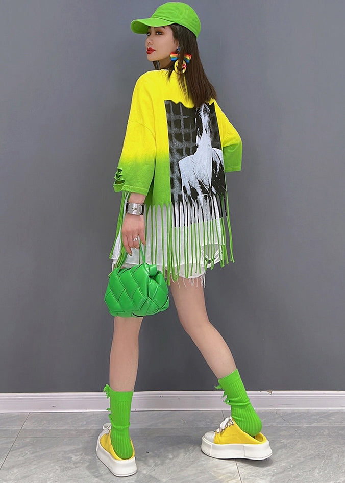 Yellow Blue Gradient Color Hole Patchwork Tassel Cotton Tanks Half Sleeve