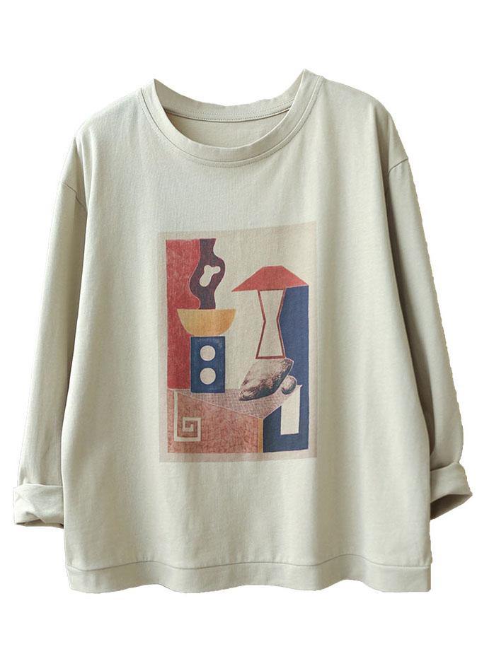 Light Grey O-neck Print Fall Tops Long Sleeve
