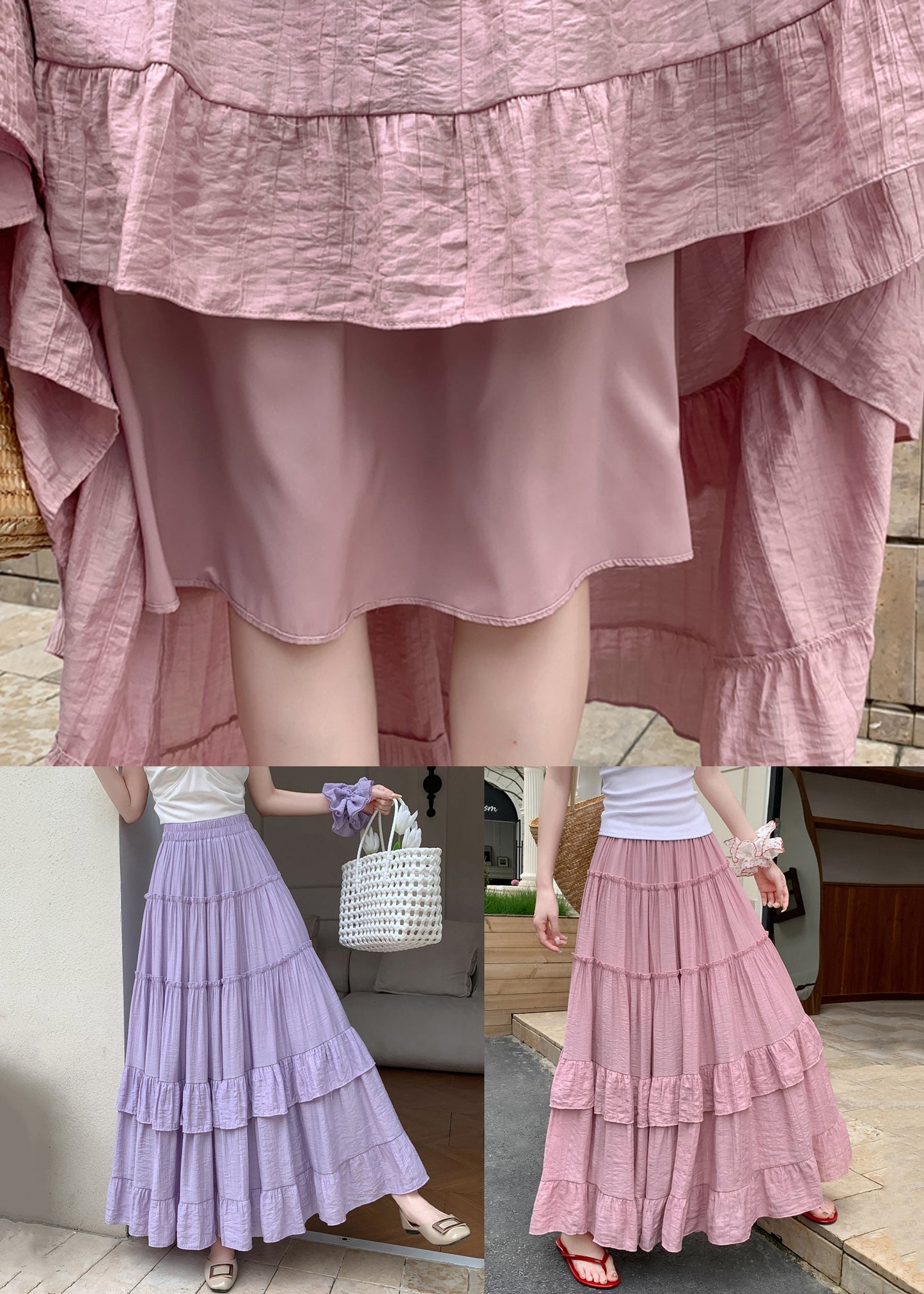 Art Pink Ruffled Elastic Waist Cotton Skirts Summer