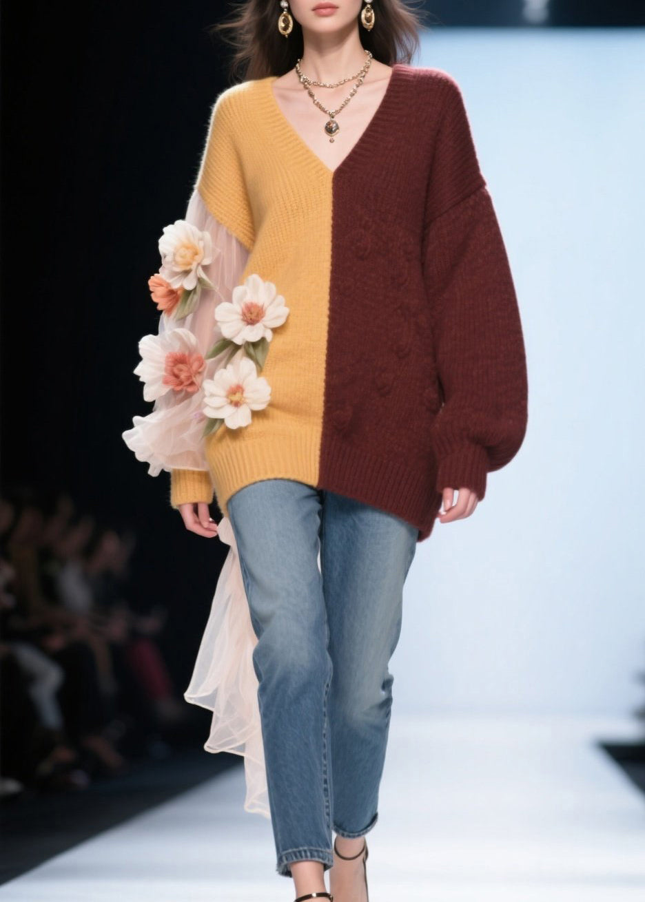Classy Colorblock V Neck Tulle Knit Top Fall